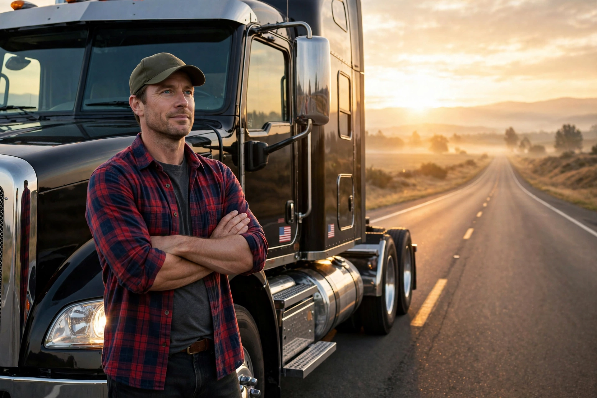 Owner-operator standing beside his semi-truck at dawn