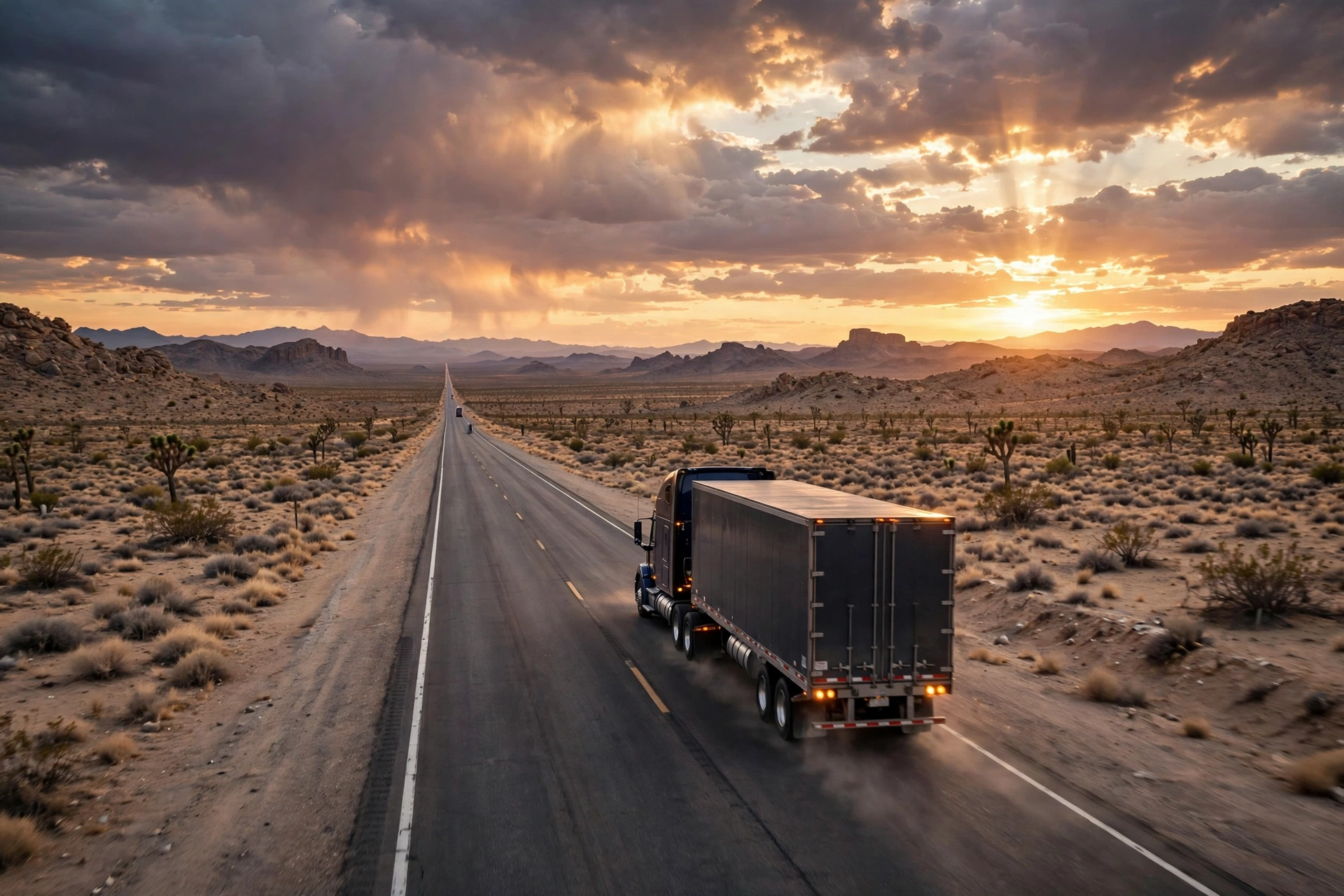 Semi-truck on an empty highway at sunset