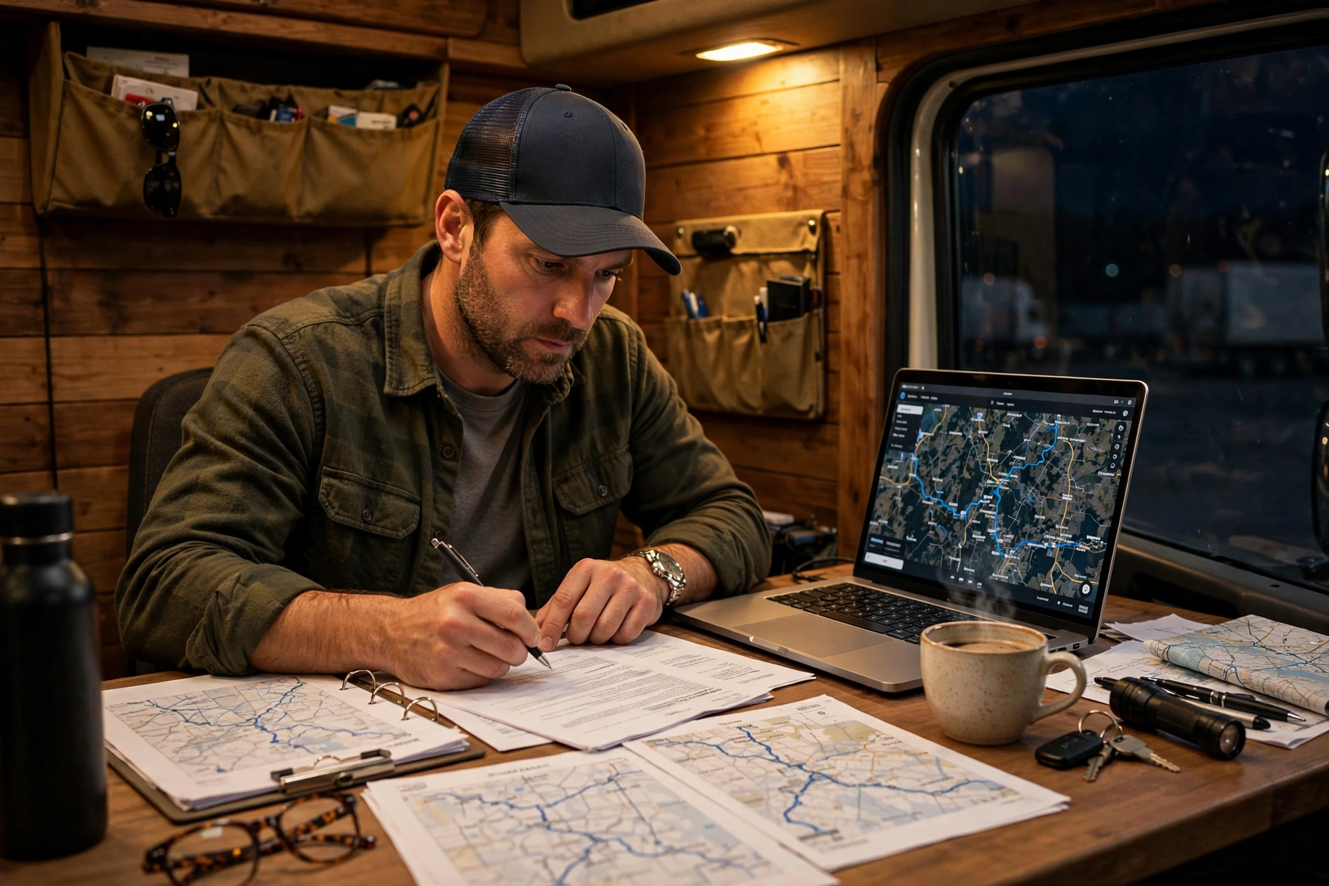 Driver reviewing trucking paperwork and route plans