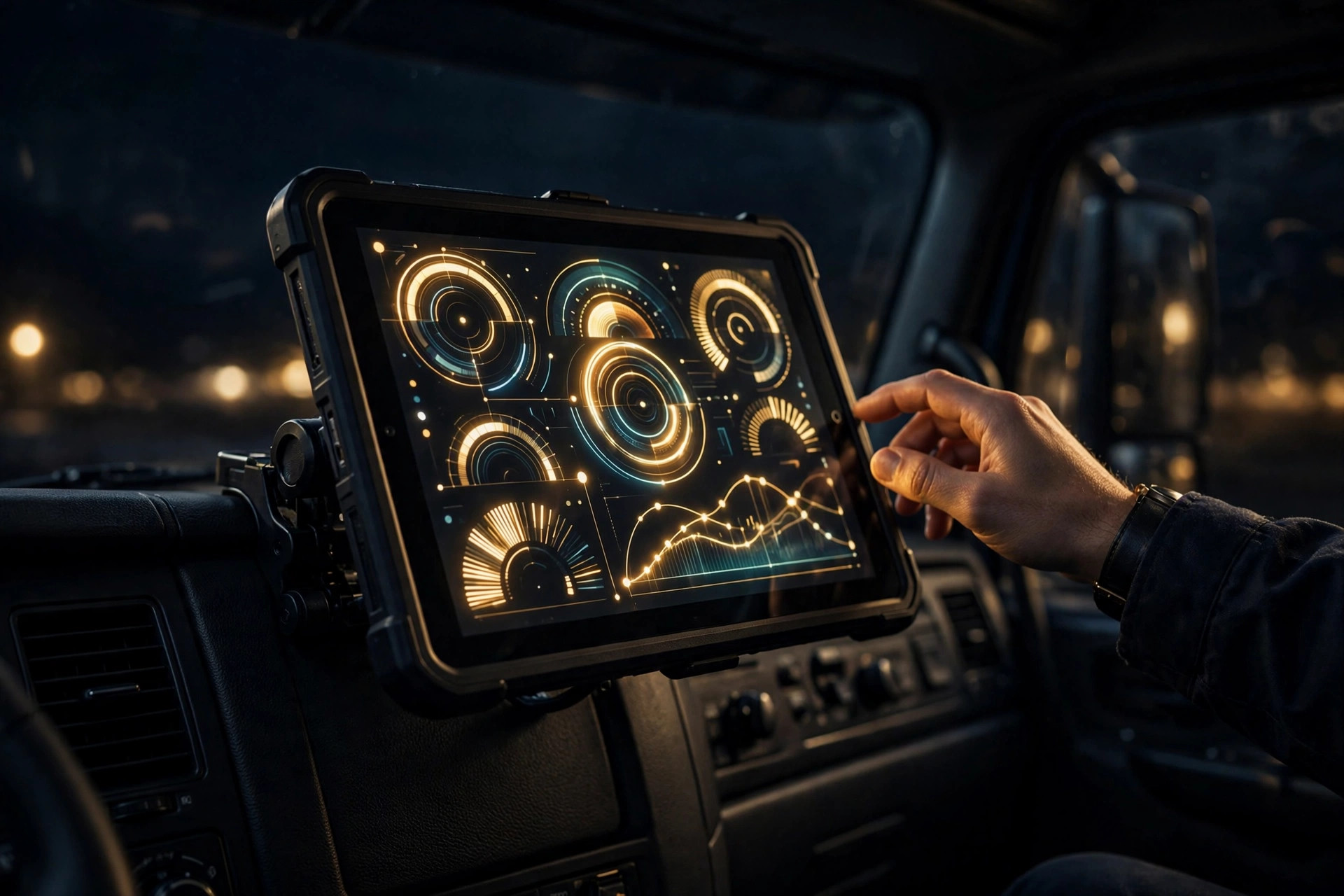 ELD tablet mounted in a truck cab
