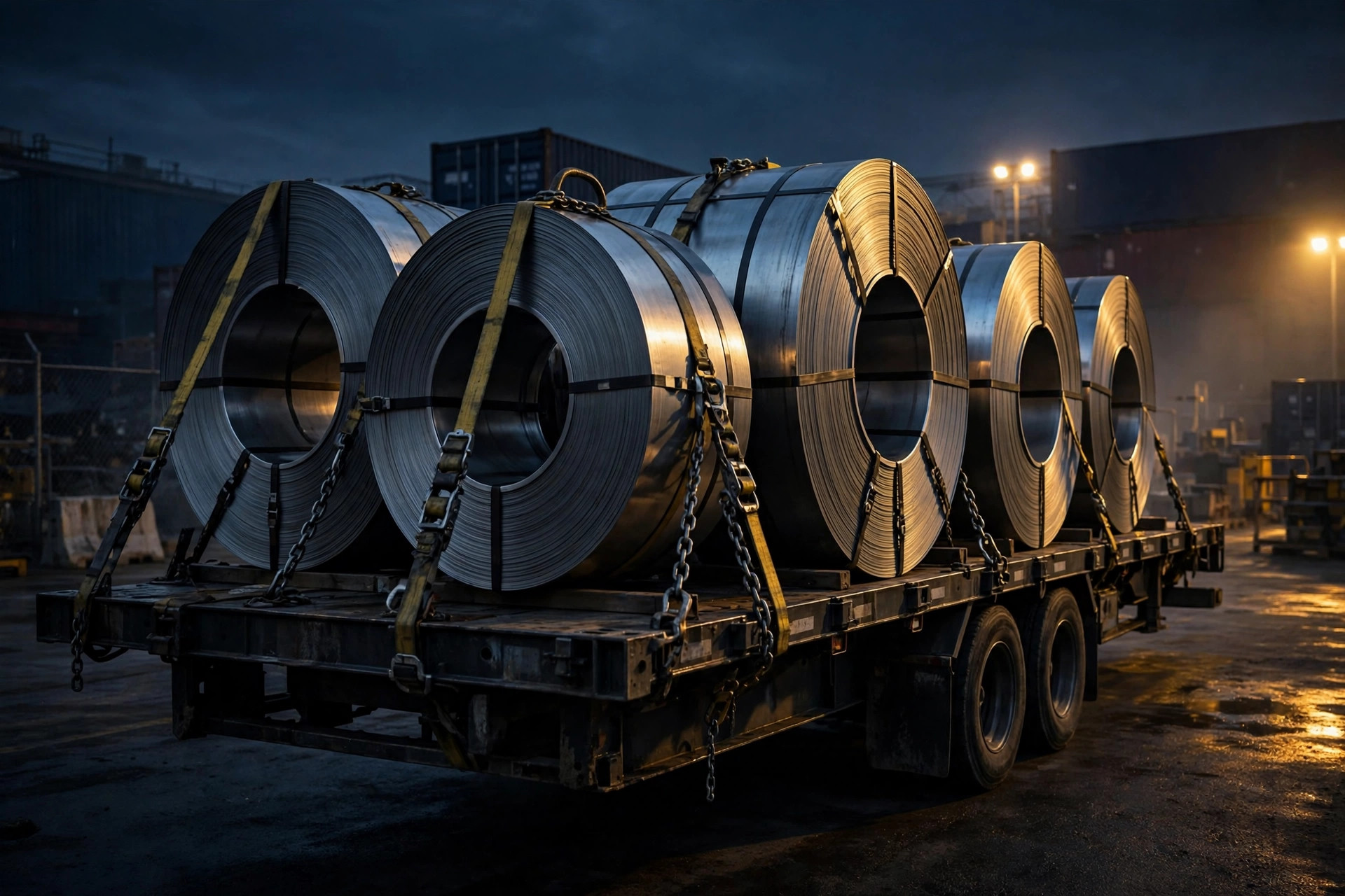 Flatbed trailer loaded with secured steel
