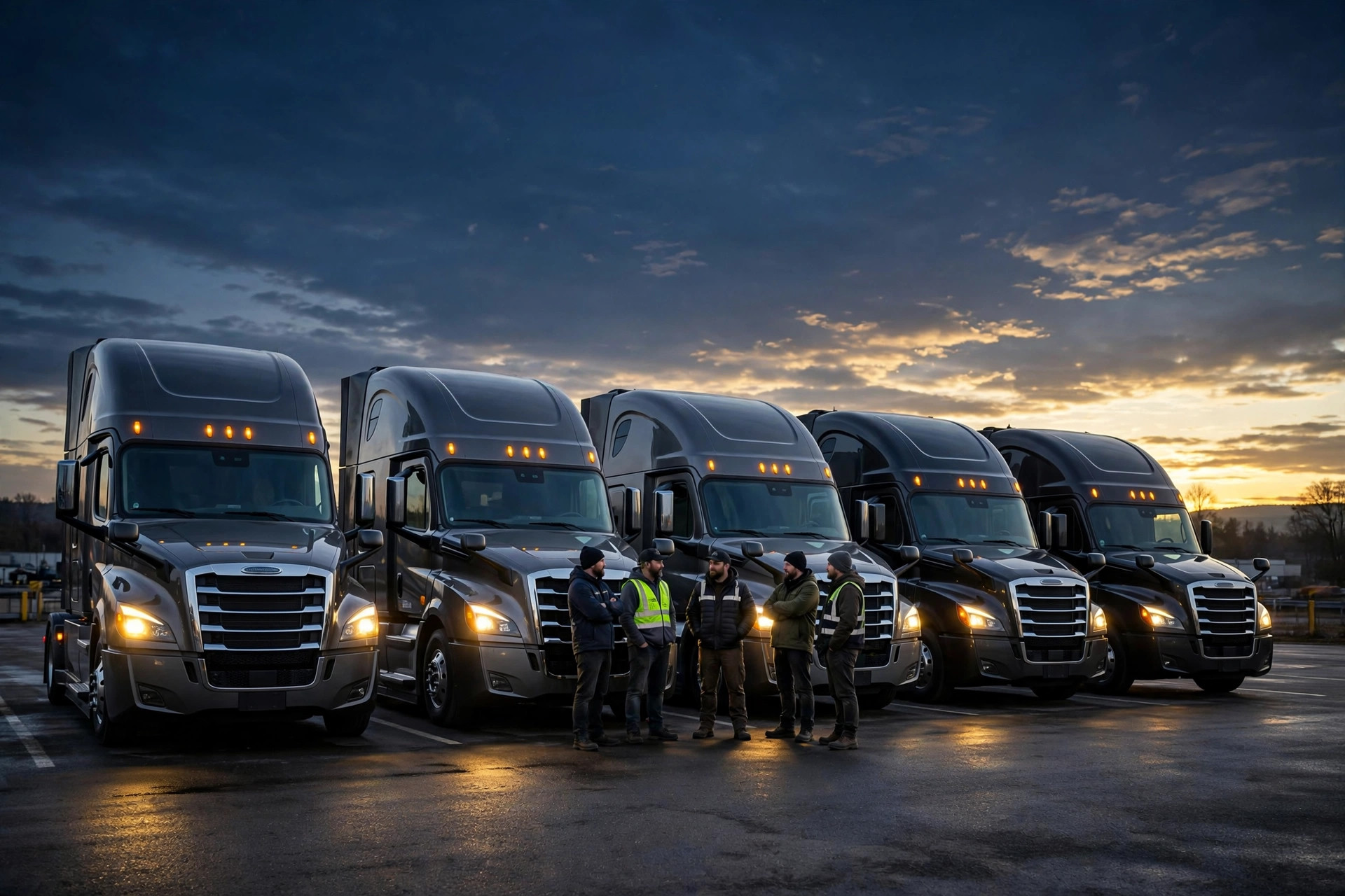 Fleet of trucks with drivers at dusk