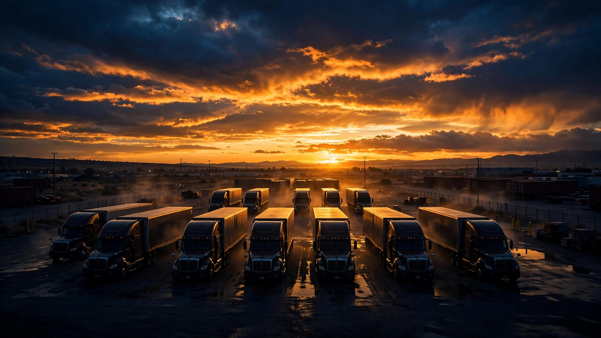 Fleet of trucks at sunset