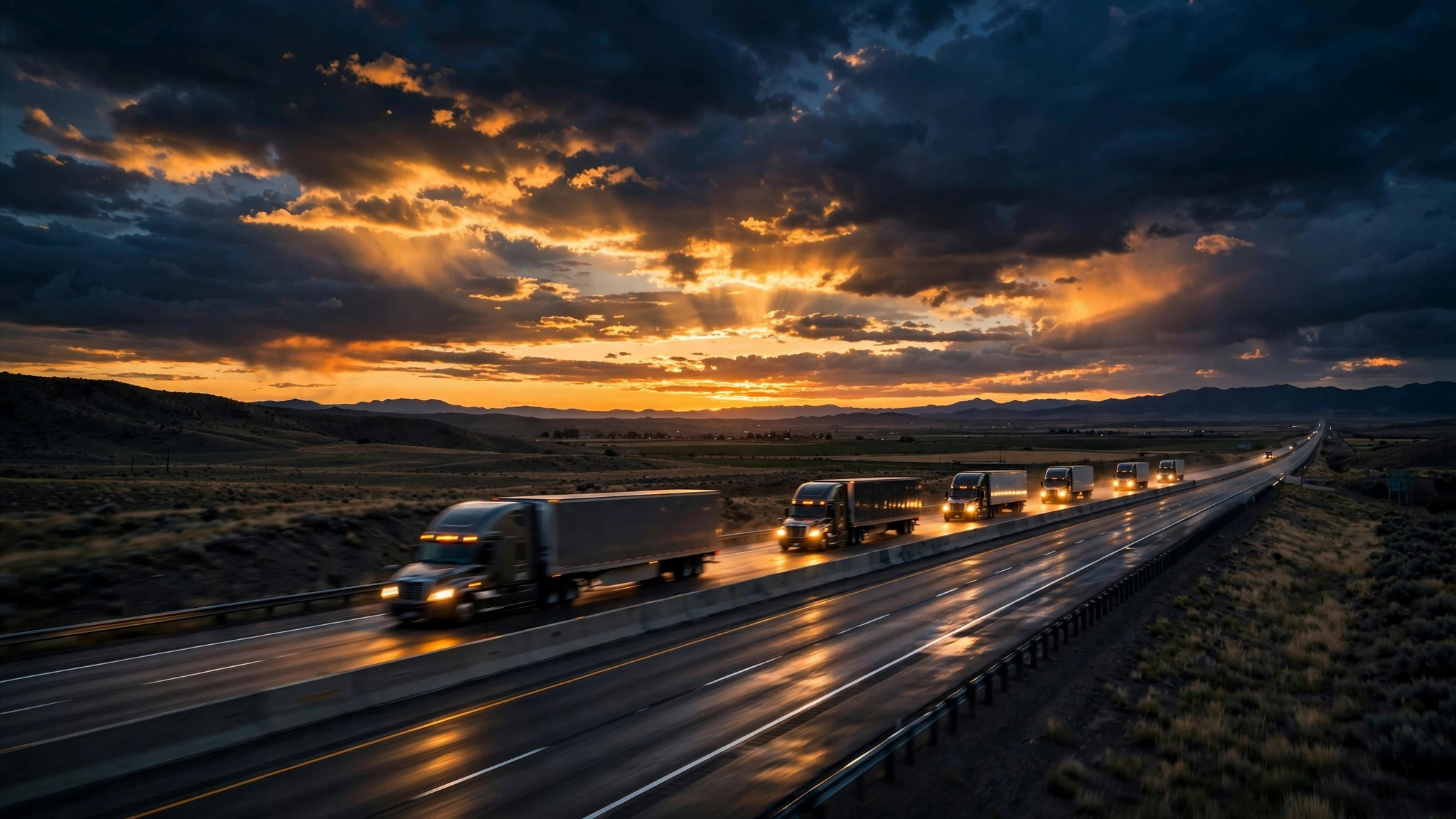 Semi trucks rolling on the highway at dawn