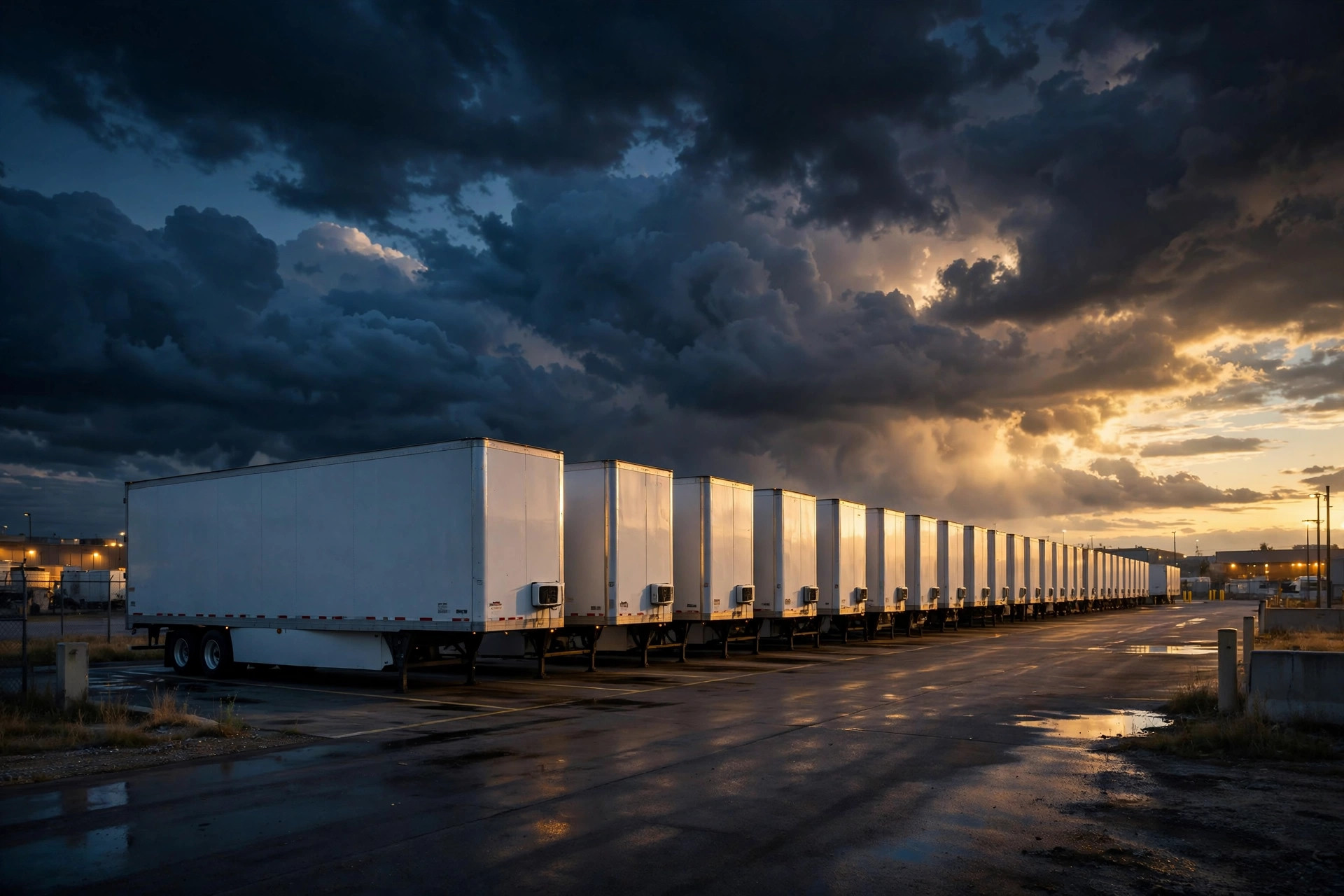 Row of dry van trailers in a logistics yard