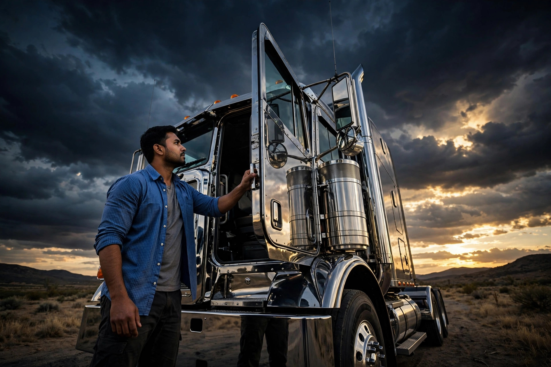 Driver entering a semi truck cab