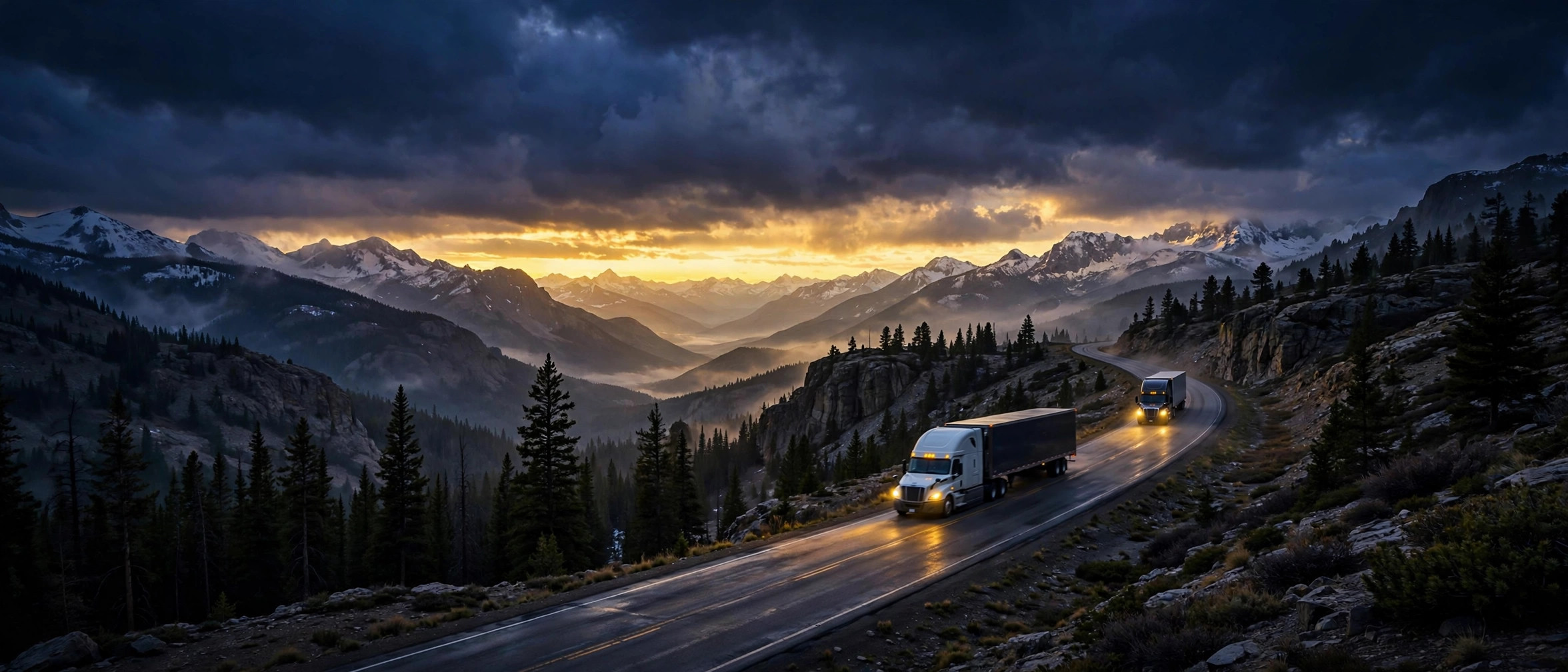 Semi trucks on a Wyoming mountain highway
